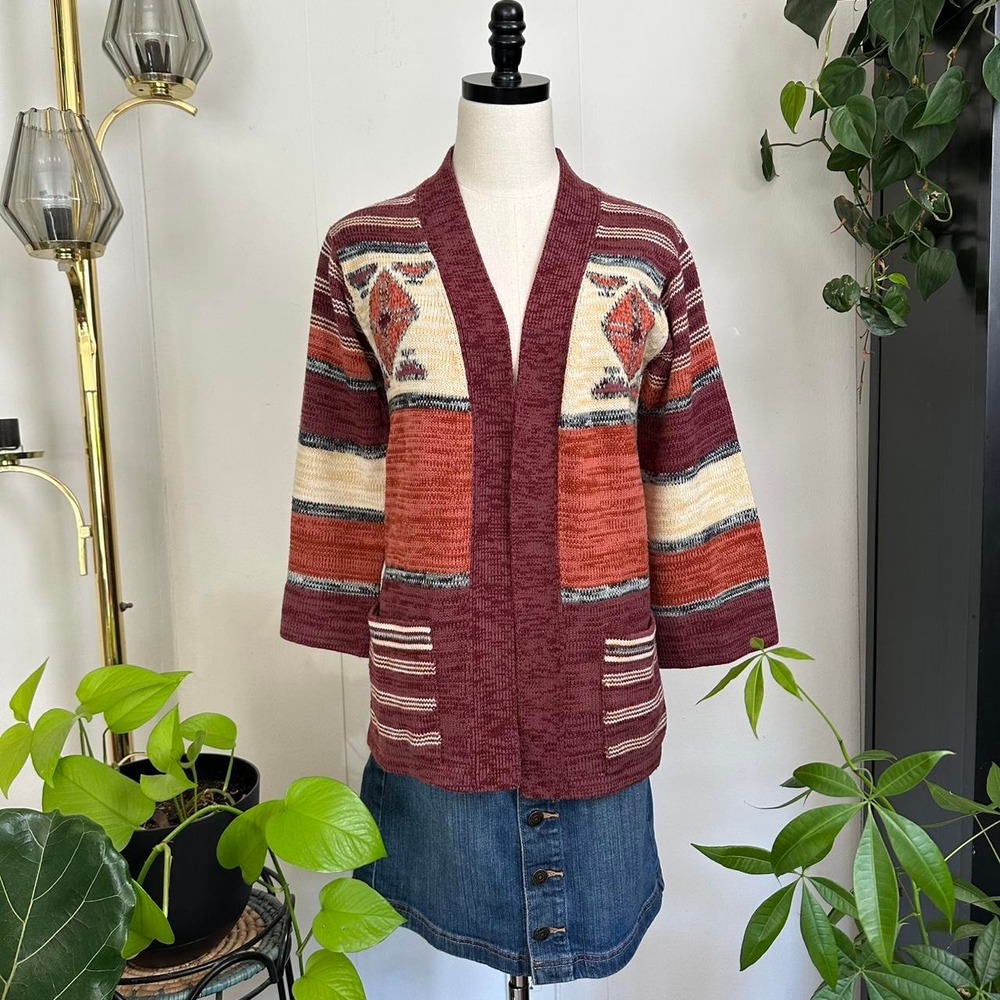 Paula Vintage 70s Boho Southwestern Cardigan Bell Sleeve Thick Knit Burgundy S
